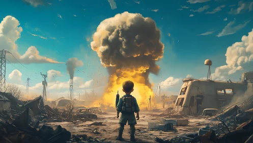 Young survivor watches a distant explosion reshape the horizon