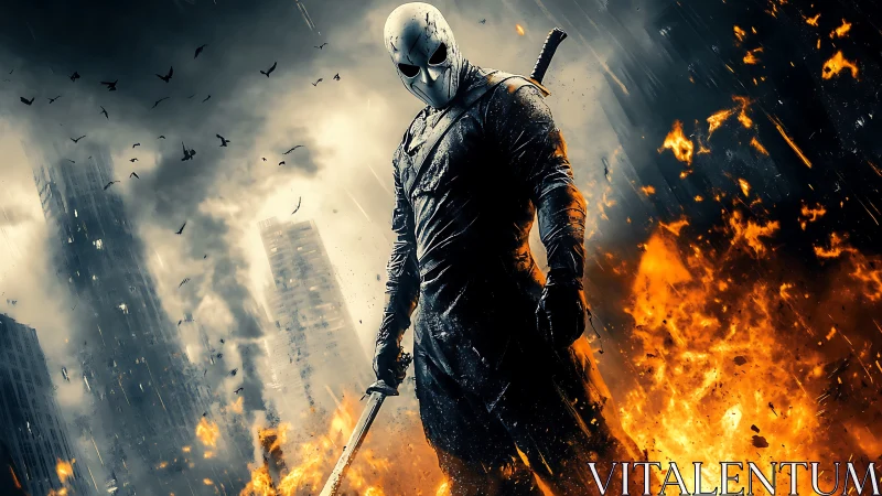 Masked swordsman dominates burning postwar cityscape.