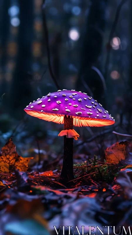 Bioluminescent magenta mushroom under low forest illumination.