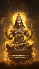 Golden Hindu deity sculpture amid radiant cosmic flames.