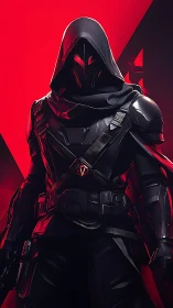 Midnight striker in obsidian armor against crimson void.