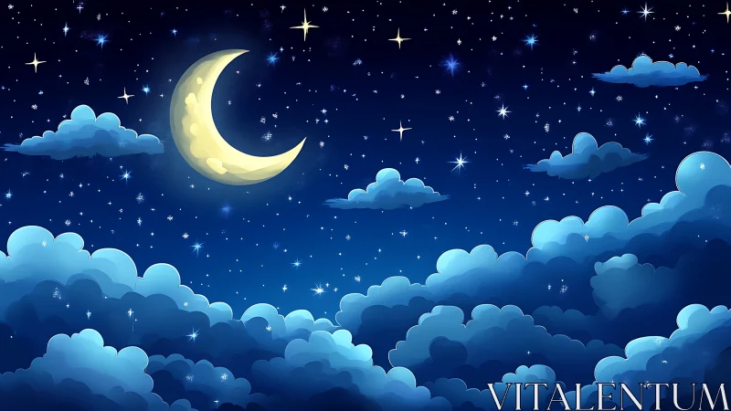 Luminous crescent moon over stratified noctilucent cloud field.