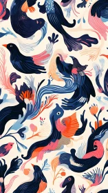 Stylized birds swirl through abstract foliage in vivid motion