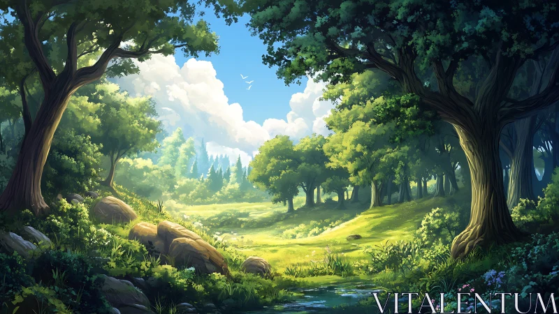 Sunlit Forest Valley with Ancient Trees and Stream Flow.