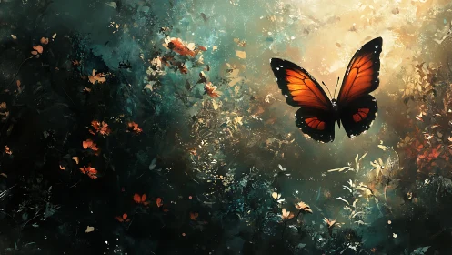 Gentle sunset butterfly drifting through a glowing forest.