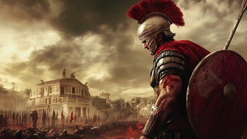 Roman legionary in bloodstained armor surveys devastated forum square