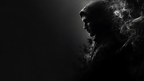 Monochrome hooded profile in drifting smoke silhouette design.