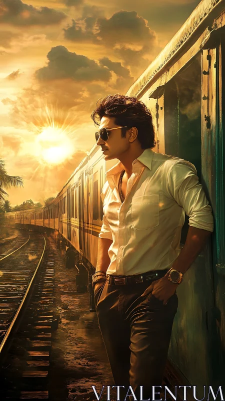 Man in sunglasses standing by train at warm sunset light.