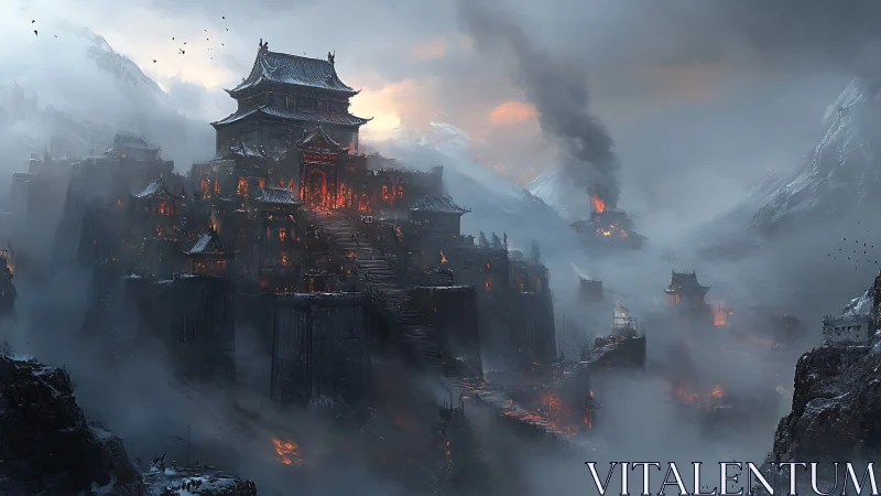 Burning mountain fortress dominates a misty frozen valley