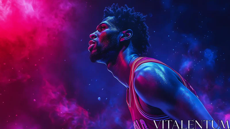 Neon lit basketball player powers through cinematic vapor haze