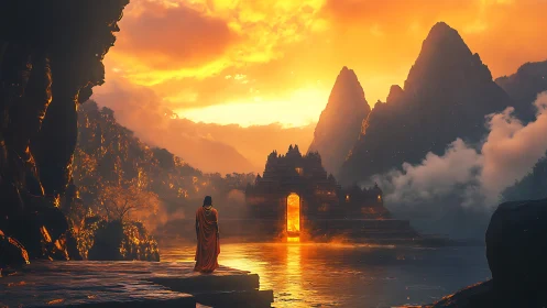 Solitary monk beholds a glowing temple at fiery sunrise.