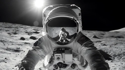 Photorealistic lunar astronaut portrait with visor reflection focus.