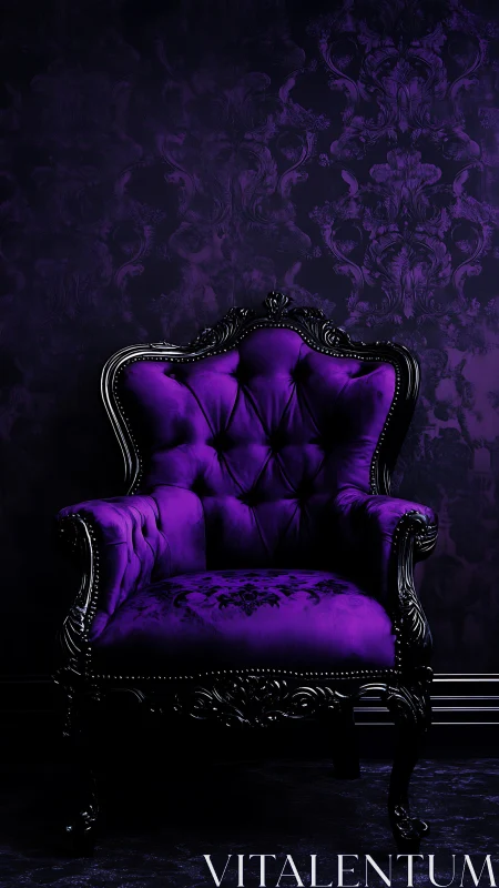Baroque purple armchair framed by dark damask wall patterns