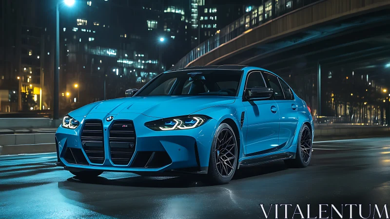 Blue BMW M sedan parked on wet urban street at night time.
