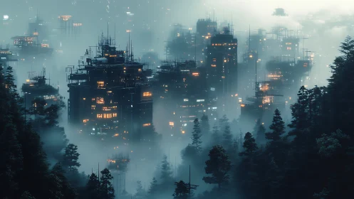 Foggy cyberpunk high rise city rising from dense forest.