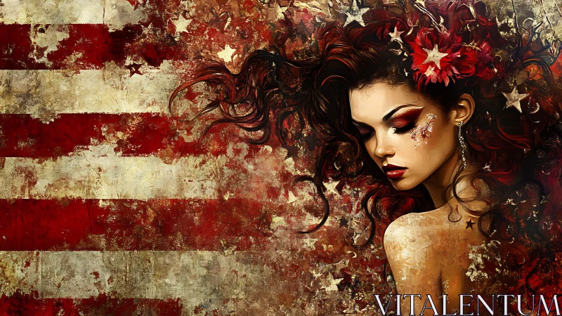 Patriotic portrait merges grunge flag textures with stylized beauty