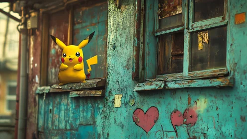 Cartoon electric creature on rustic teal window ledge.