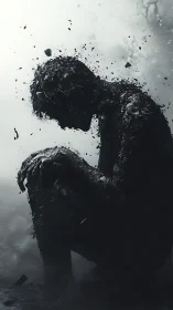 Shattered figure sits in quiet reflection amid drifting fragments