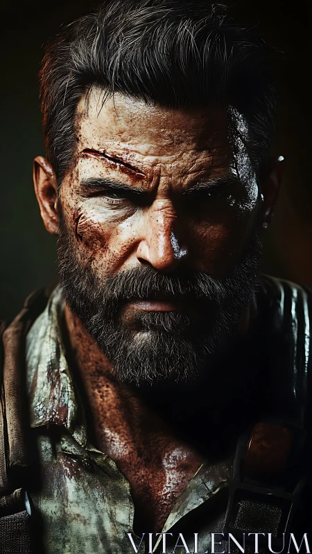 Close-up portrait of rugged bearded male character.