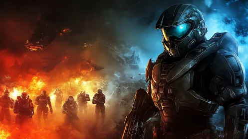 Armored sci fi soldier divides inferno war and frozen front