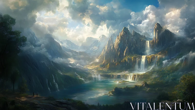 Majestic fantasy mountains rise above luminous waterfalls.