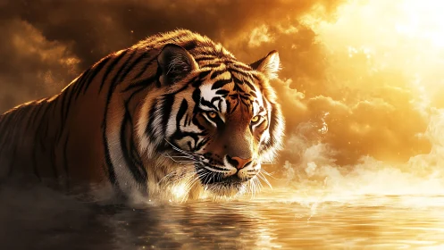 Backlit tiger in golden mist, low-angle waterline perspective