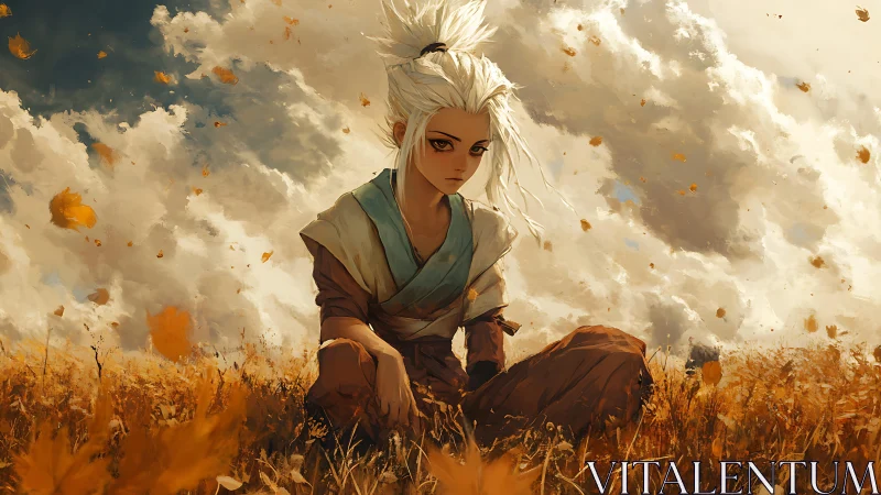 White-haired wanderer rests in autumn field beneath drifting clouds.