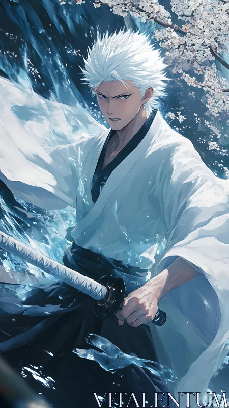White-haired swordsman commands water beneath cherry blossoms