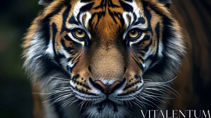 Warm golden-eyed tiger gazes forward with quiet strength.