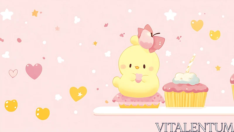 Adorable Yellow Chick with Sweet Cupcake Friends.