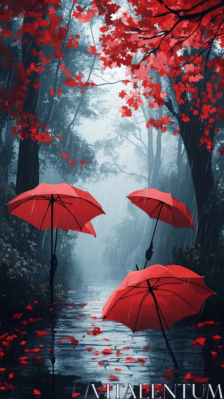 Crimson umbrellas drift gently through a quiet rainy forest