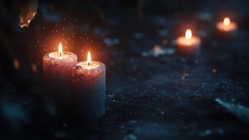 Two burning candles on dark ground with soft bokeh glow.