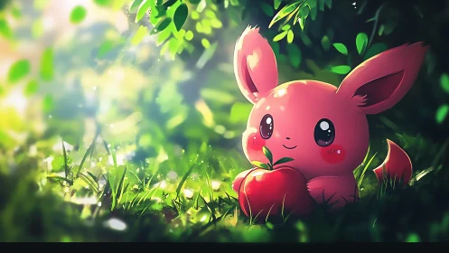 Cute pink creature holding red apple in sunlit forest.