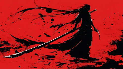 Silhouetted samurai wields katana across stark red void
