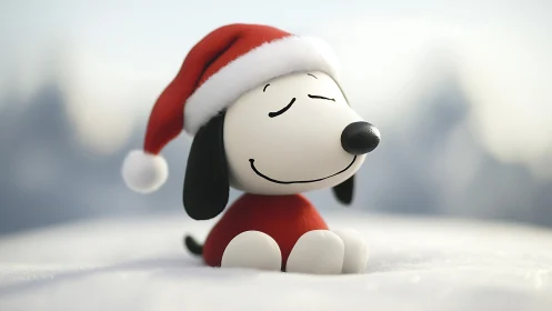 Cartoon beagle figurine in red Santa hat on snow field.