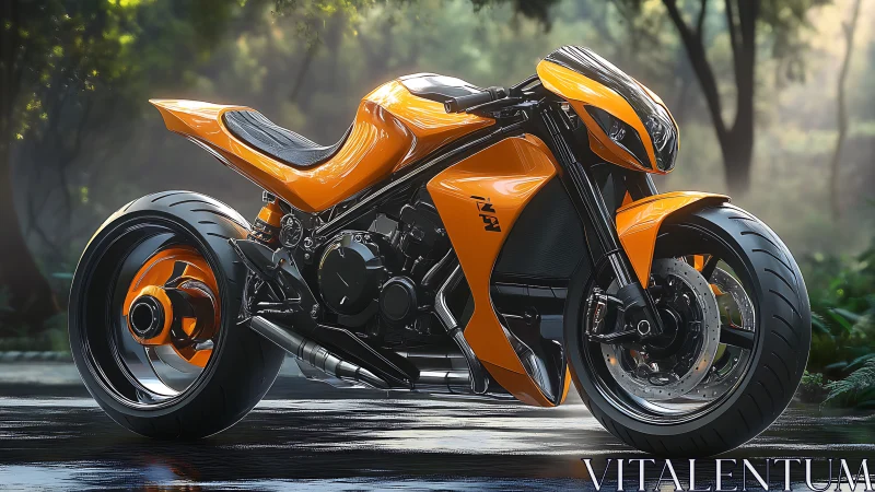 Sleek orange concept motorcycle rests on a misty forest road