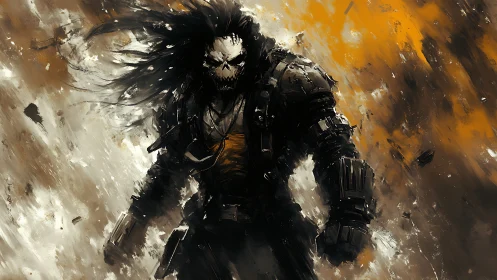 Armored skull warrior strides through a storm of molten dust