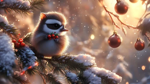 Fluffy winter songbird guarding crimson holiday baubles.