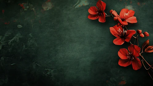 Red Flowers on Deep Teal Textured Background