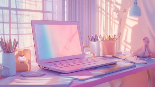 Pastel laptop daydreams under honeyed afternoon window light