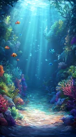 Sunlit coral canyon with playful tropical reef fish below.