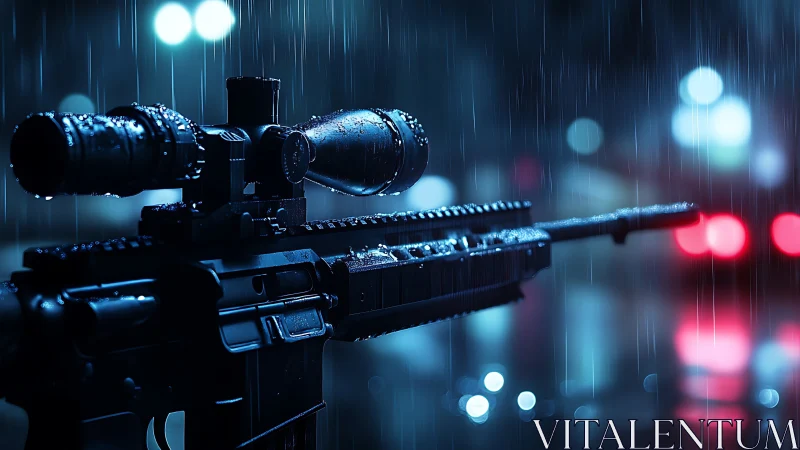 Tactical Rifle with Precision Scope in Neon Rain Setting.