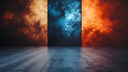 Triptych cosmic portal over reflective industrial floor plane.