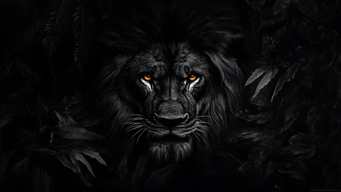 Black lion portrait emerges from dark foliage with glowing eyes