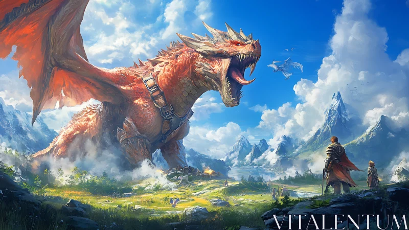 Massive red dragon confronts armored figures in open valley