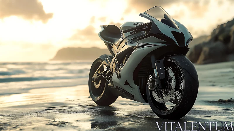 Sleek sport motorcycle resting by a golden sunset shore.