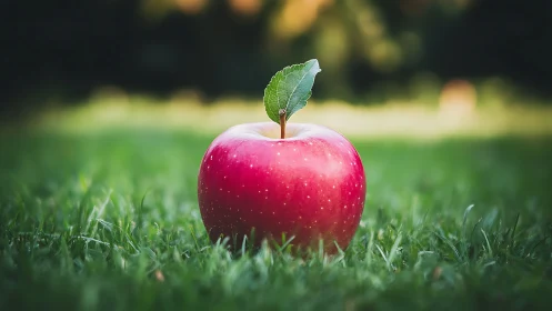 Red apple macro on grass with shallow depth of field focus.