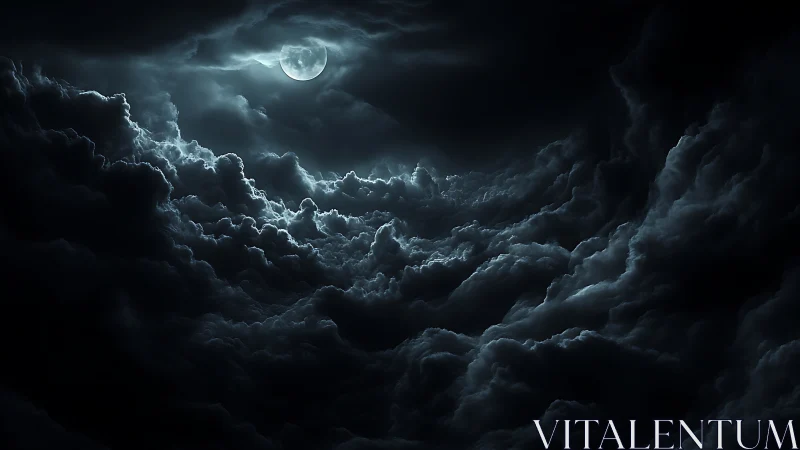 Full moon above dense storm clouds in dark night sky.