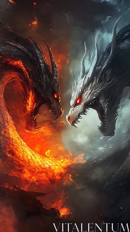 Elemental fire and ice dragons confront in high-contrast vortex