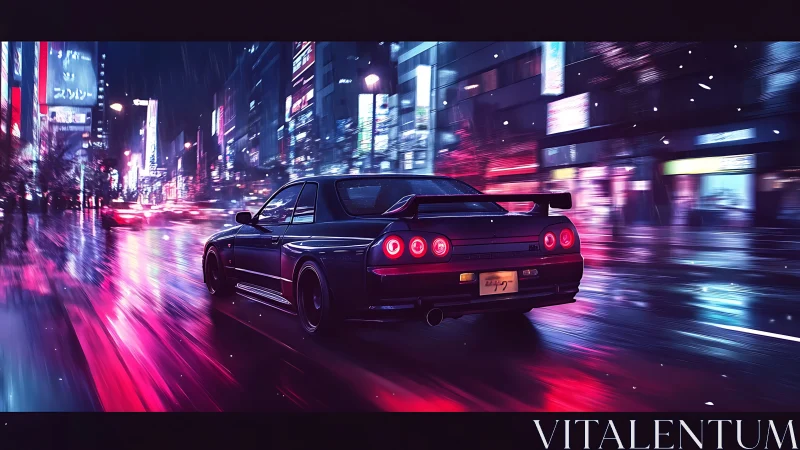 Midnight skyline GT car races through neon rain city streets.